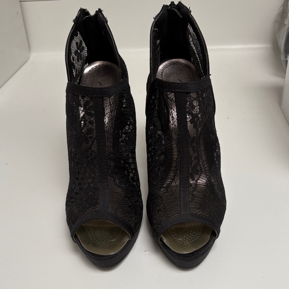 Anne Michelle Black Lace Open-Toe Heels